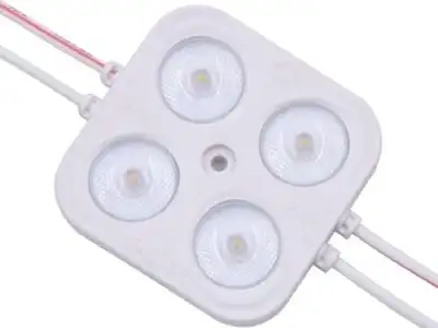 A white 12 V LED module with four LEDs under lenses, linked by wires