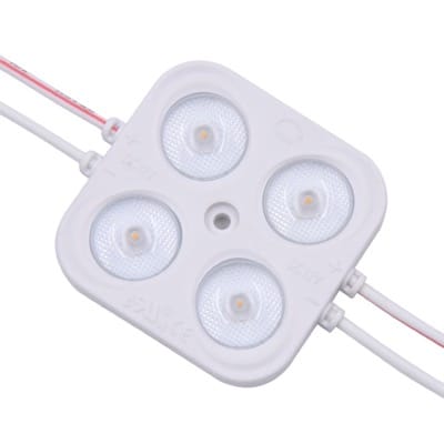 A white 12 V LED module with four LEDs under lenses, linked by wires